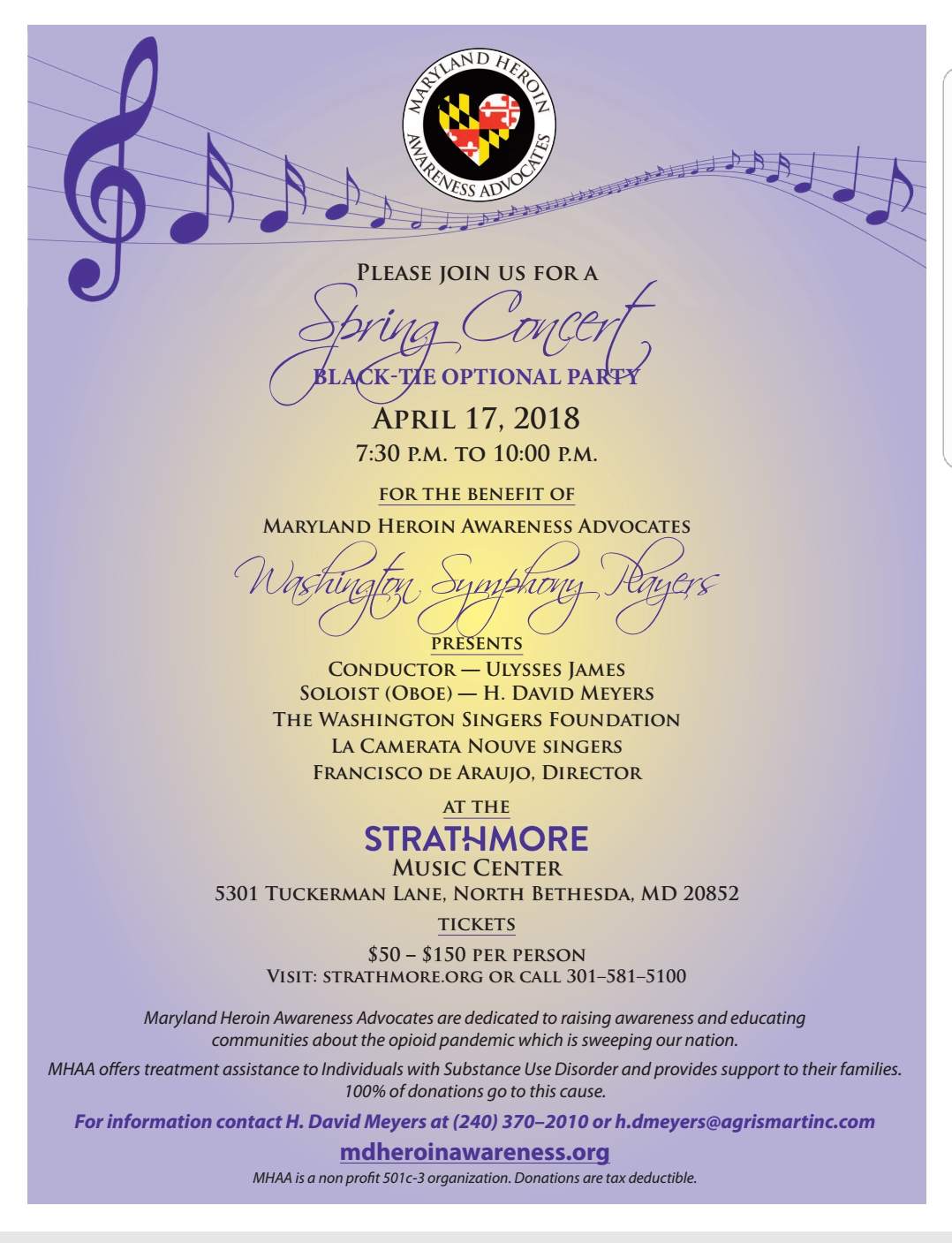 AgriSmart Chairman, H. David Meyers to be an oboe soloist at a fundraiser concert for Maryland Heroin Awareness Advocates with the Washington Symphony Players at the Strathmore Music Center on April 17, 2018, 7:30 - 10 PM.